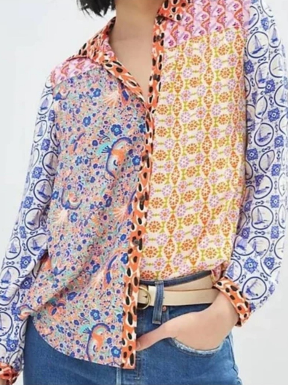 Anthropologie Maeve The Paz Mixed Print Button-Down Shirt Large Petite
